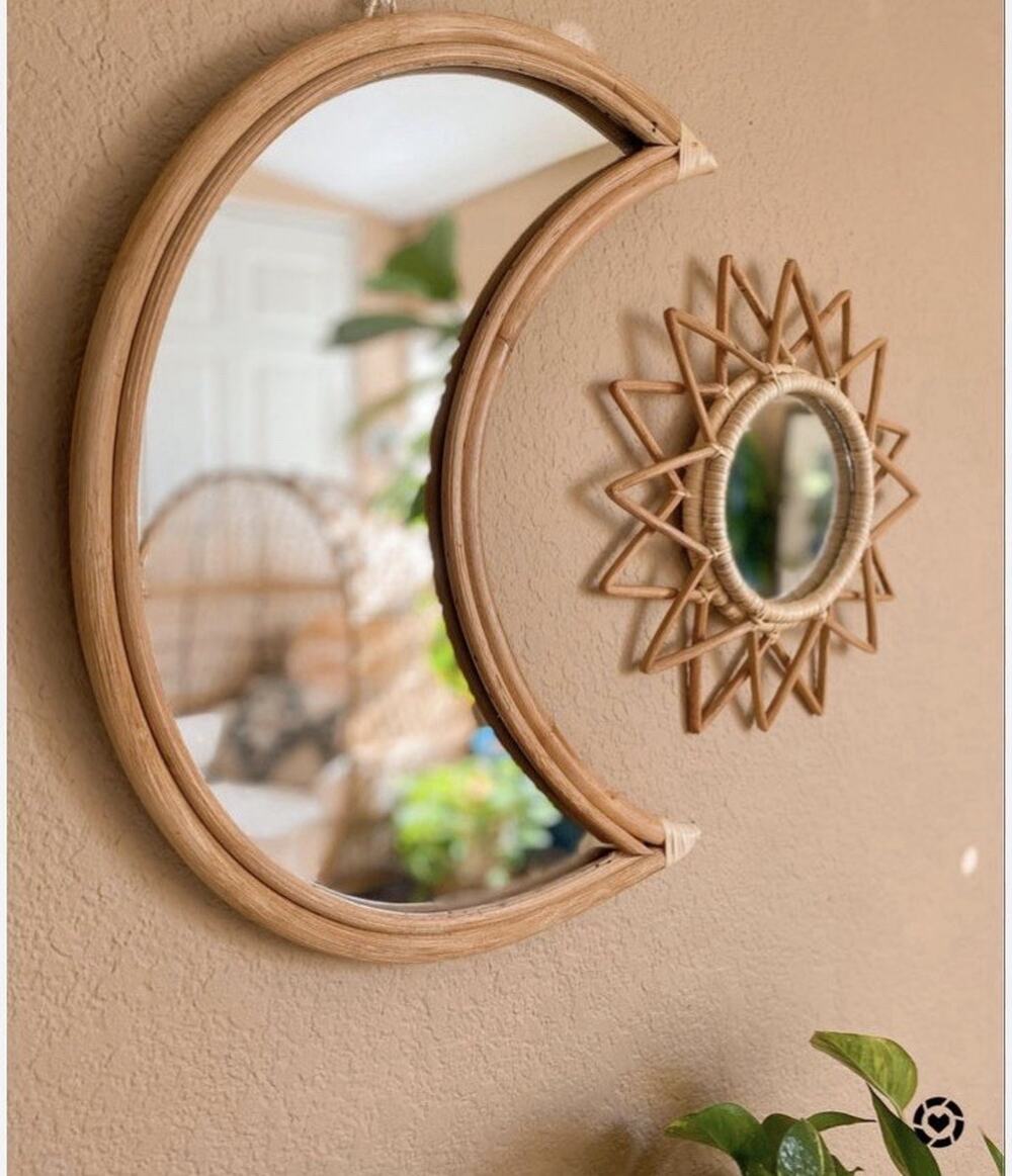 Vintage Crescent Moon Mirror Rattan 17”long Boho & 12” Sun
